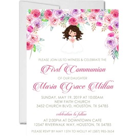 Girls First Communion Invitations, Spanish First Communion Invitations For Girls, Pink Communion Invitations, Girls Communion Invites With Envelopes (Pink & Purple)