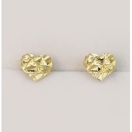 10K Yellow Gold Diamond Cut Nugget Heart Earrings Small 7.5 mm x 7 mm