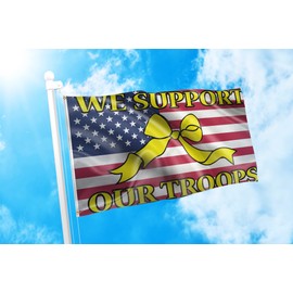 DMSE We Support Our Troops USA Yellow Ribbon Military Banner Flag 3X5 Ft Foot 100% Polyester 100D Flag UV Resistant (3'X5' Ft Foot)