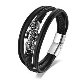 BIYONGDE Mens Black Leather Skull Bracelet, Multi-Strand Black Leather with Three Skulls Stainless Steel Gothic Plate ID Bracelet for Men, Punk and Rock Style