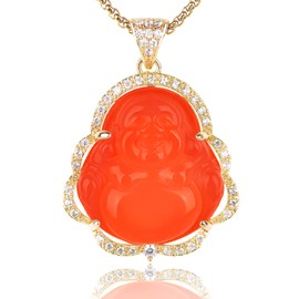 ASGIFT Good Luck Buddha Necklace Luxury Orange Crystal Laughing Buddha Pendant with 18K Gold Plated Chain Dainty Buddah Necklace Jewelry for Women