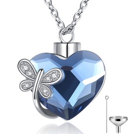 SOLOLIKE Butterfly Cremation Necklace for Ashes for Women: Sterling Silver Butterfly Keepsake Urn Jewelry with Heart Crystal - Small Memorial Neckalce Hold Ashes of Loved Ones