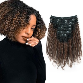 ABH AMAZINGBEAUTY HAIR Afro Kinky Curly Clip in Hair Extensions Two Tone Ombre Brown #T4 Afro Curly Clip in Hair Extensions Human Hair Thick Clip Ins For Black Women 18 Inch Double Weft 120G 7Pcs