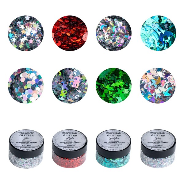 Makerflo Holographic Shape Glitter Variety Set Pack of 33, 1oz