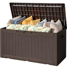 Flamaker Outdoor Storage Box 100 Gallon Waterproof Resin Deck Box with Air Rod Indoor Outdoor Lockable Storage Bench for Patio Cushions, Tools, Pool Accessories (Deep Brown)
