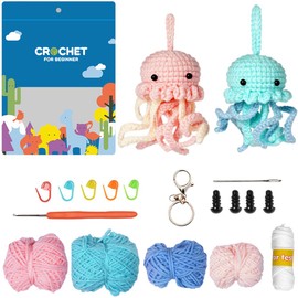 SUNNYCLUE Crochet Keychain Kit Beginner Crochet Kit Cute Animals Jellyfish Learn to Crochet Kit Step-by-Step Videos Complete Crochet Set 3D Knitting Crocheting Kit for Adult Starters Gift