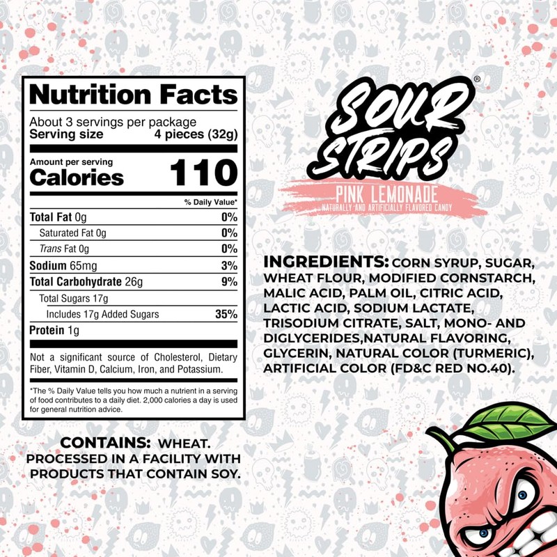 Sour Strips Sour Candy Belts, Pink Lemonade, Resealable Candy Bags,