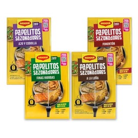 Hoja Sazonadora Maggi Jugoso al Sartén, combo de 4 sabores Finas Hierbas, A la Leña, Ajo y Cebolla, Pimentón