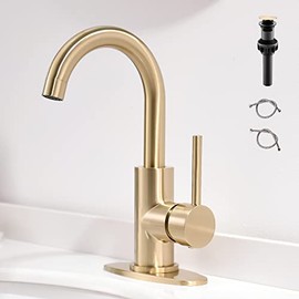 Gold Bathroom Faucets with Pop-Up Drain, Modern Single Hole Bathroom Sink Faucet with Deck Plate Single Handle Lavatory Faucets Brushed Gold Bar Vanity Faucet
