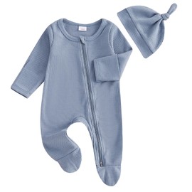 Waffle Jumpsuit Newborn Baby Boy Girl Footed Romper Solid Color Long Sleeve Zipper Bodysuit with Hat Clothes Sets (Blue, Newborn)
