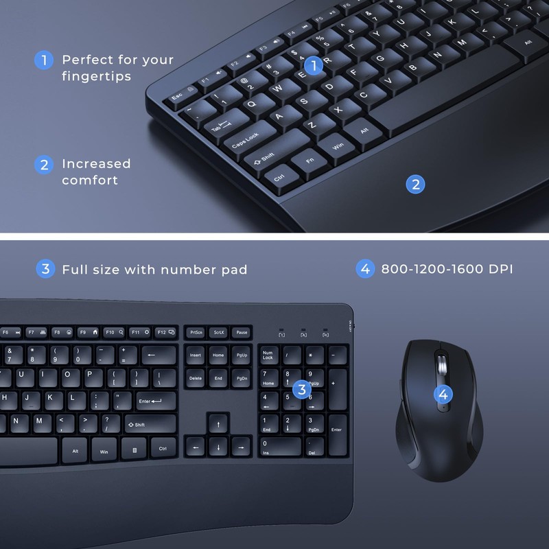 Ergonomic Keyboard and Mouse Combo, Full Size Cordless Computer Keyboard