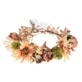 DDazzling Artificial Flower Crown, Peach and Rose Gold Wedding Headpiece, Floral Hair Wreath with Roses and Daisies