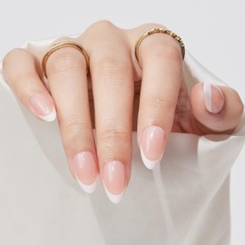 French Tip Press On Nails Almond - Findigit Natural Fake Stick On Nail Short with Glue,Supremely Fit & Natural Glue On Nails with in 16 Sizes - 32 Nail Kit,White French