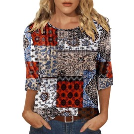 KISSMODA 3/4 Sleeve Tops for Women Trendy 3/4 Length Sleeve Womens Summer Tops Beach Vacation Clothes Loose Floral XL