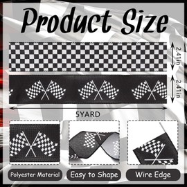 Habbiful 2 Rolls 10 Yard Racing Car Theme Printed Ribbon Black White Checkered Printed Ribbon for Crafts Buffalo Plaid Wrapping Ribbon for Wreath Sport Team Racing Car Party Home Decoration 2.5Inch