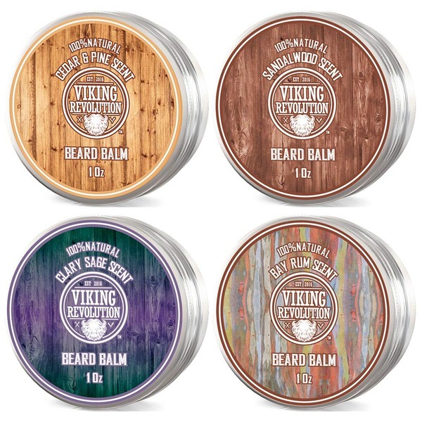 4 Beard Balm Variety Pack (1oz Each)- Sandalwood, Pine & Cedar, Bay Rum, Clary Sage- Styles, Strengthens & Softens Beards & Mustaches - Leave in Conditioner Wax for Men