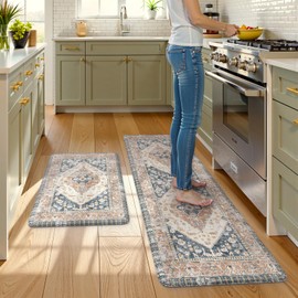 KIMODE Anti Fatigue Kitchen Mats for Floor, Boho Kitchen Rugs Sets of 2, Non Slip Waterproof Kitchen Floor Mat, Ergonomic Cushioned Standing Mat for Sink Laundry Desk Blue Glod 20"x59"+20"x32"
