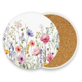 Kigai Wildflowers Coaster, Drinks Round Absorbent Stone Set with Ceramic Stone and Cork Base, Tabletop Protection Mats and Cups Place for Home Decor 2PCS