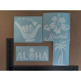 Hawaii Decal 4 Pack: Hang Loose Islands, Hawaii Hibiscus, Aloha Pineapple, Palm Tree Surf Board (White, Large ~5")
