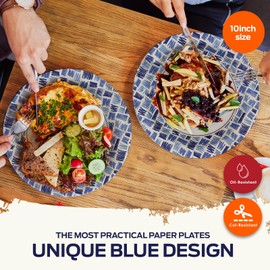 PAMI Heavy Duty Microwave Safe Disposable Paper Plates Large and Medium Sizes Oil Water & Cut Resistant Dinnerware for Hot Cold Food (10 Inch Plate 50 Blue)
