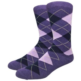 COUVER Men's Cotton Colorful Argyle Casual Crew Dress Socks for Groomsmen, Size 8 to 13, Heather Purple/Lavender/Navy