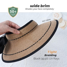 Creekstone Sun Visor Hats for Women Straw Visor Wide Brim UV Protection Packable Summer Beach Hat Ponytail Travel UPF 50+ (CA/US, Alpha, One Size, Khaki with Lace)