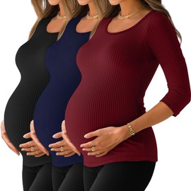 Neer 3 Pack Women's 3/4 Sleeve Maternity Tops Cotton Ribbed Round Neck Pregnancy Shirts Quarter Sleeve Maternity Clothes(Wine Red, Navy Blue, Black,XX-Large)
