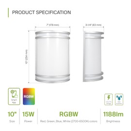 ASD 10 Inch Smart RGBW LED Outdoor Wall Mount Light Fixture - Brushed Nickel RGB Wall Sconce Exterior Lighting - 120-277V 15W 2700-6500K Dimmable, Remote Control, Alexa - Front Door & Patio ETL