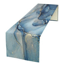Camino de mesa de mármol, acuarela, patrón de color azul dorado, decoración de tela, aparador, jardín, granja, boda, fiesta, día festivo, cena, hogar, 13 x 90 pulgadas
