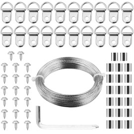 Picture Hanging Wire,30M Picture Wire Picture Frame Wire D Rings for Picture Hanging Crimping Loop Sleeve be Used for Indoor and Outdoor (Silver-131Pcs)