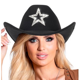 Bawnhaw Western Sparkly Star Cowboy Hat for Women Men, Black Felt-Fedora Rolled-Up Bling-Rhinestone Disco Sequin Cowgirl Hat M