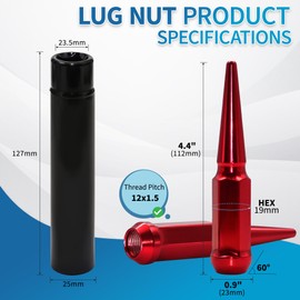 LUJIANI M12X1.5 Red Wheel Spike Lug Nuts, 24 PCS Lug Nut Wheel Accessories with 1 Socket Key, Thread Spiked 4.4" Long Closed End Nuts Compatible with Camry Accord Impala