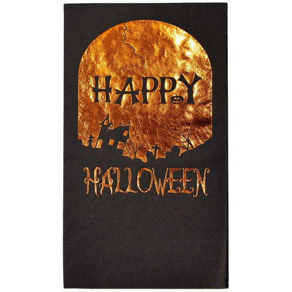 Crisky 50 Counts Orange Foil Happy Helloween Dinner Napkins Tombstone Design for Helloween Party Table Decorations, 3-Ply, Dinner Size