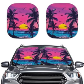 Kuiaobaty 2 Piece Sun Shade for Car Windshield Foldable, Seaside Sunset Scenery Palm Trees Print Windshield Sunshade Front Windows Sun Visor Protector Universal Fit SUV Trucks Sedan