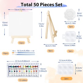 DONQL 50 Pcs mini Canvas and Easel Set, Canvas Painting Set with Adjustable Easel Stand, 4x4 Inch Canvas, Paint Brushes, Paint Palette and Acrylic Paints for Oil Painting, Kids, and Artists Art Party