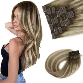 Sassina Clip in Hair Extensions Human Hair 18 Inch Straight Human Hair Extensions Human Hair Walnut Brown to Light Brown Blonde Double Weft Clip ins Extensions 8 Pcs 120 Grams #R3-8/22