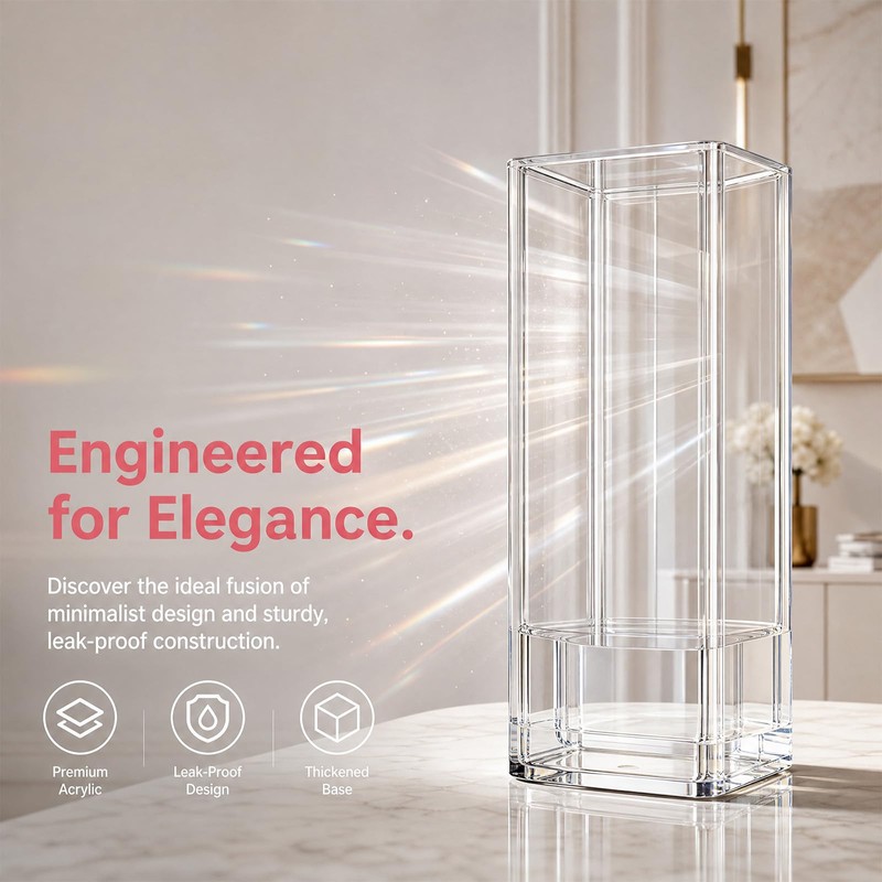 Acrylic Flower Vase, 25x10cm Square Minimalist Vase, Shatterproof Plastic Vases,