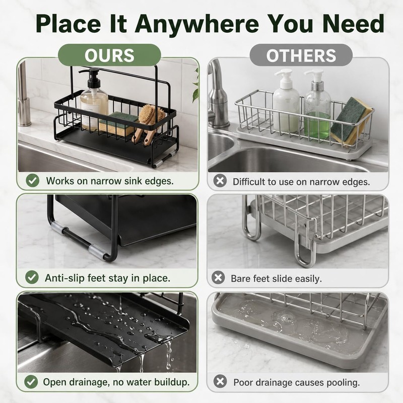 Sponge Holder for Kitchen Sink, Sink Caddy with Towel Bar