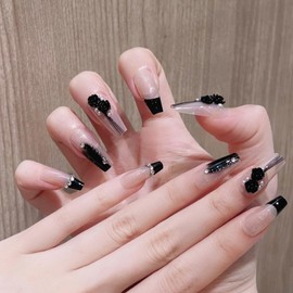 CATKIN Press On Nail Fasle Nail with design 24pcs Full Cover Reusable Acrylic Nails Artificial Nails for Women girls Long Square Decoration Fake Nails Black Rose