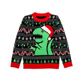 Santa Dinosaur Boys Ugly Christmas Sweater Xmas Gifts Holiday Tacky Dino Sweaters for Toddlers & Youth Kids X-Small Multicolor