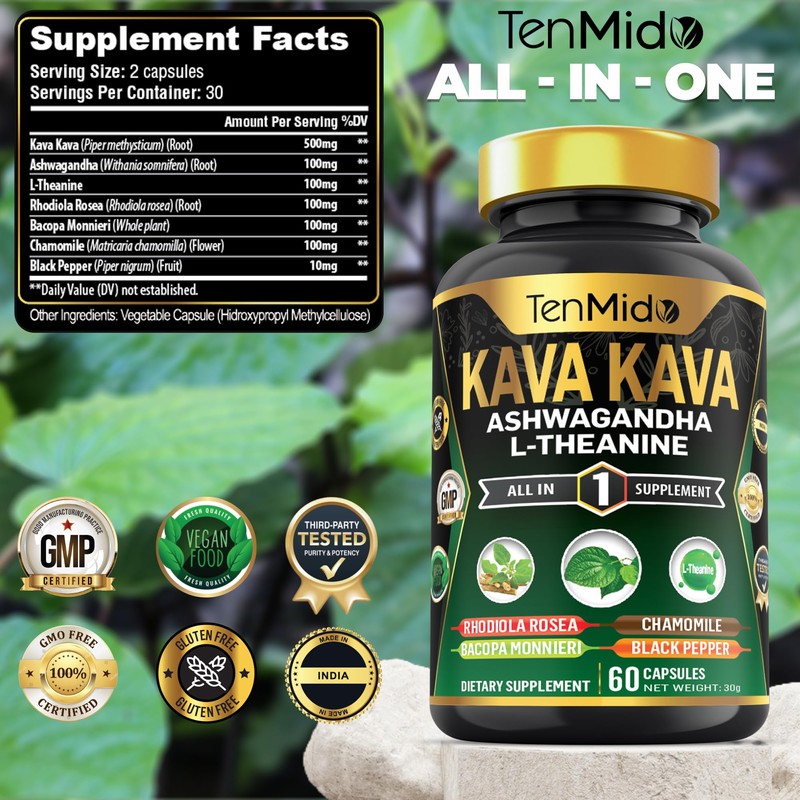 Kava Kava Supplement - 7in1 Blend with Ashwagandha, L-Theanine, Rhodiola,
