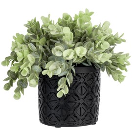 MyGift Artificial Plant Eucalyptus Boxwood in Modern Black Concrete Pot with Geometric Embossed Pattern, Faux Indoor Plant Home Decor Greenery in Decorative Round Planter