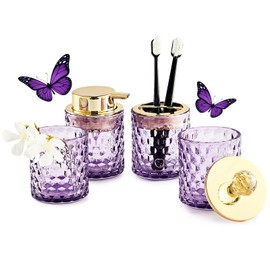 Purple Bathroom Accessories, 4Pcs Purple Bathroom Accessory Set Complete, Toothbrush Holder Set, Soap Dispenser, Qtip Holder, Tumbler, Perfect for Bathroom Decor and Vanity