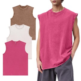 Eisctnd 3 Pack Men's Cotton Sleeveless Muscle Tank Tops Vintage Acid Wash Cutoff Loose Workout Tee Shirts Running(Coffee+Apricot+Rosered-S)