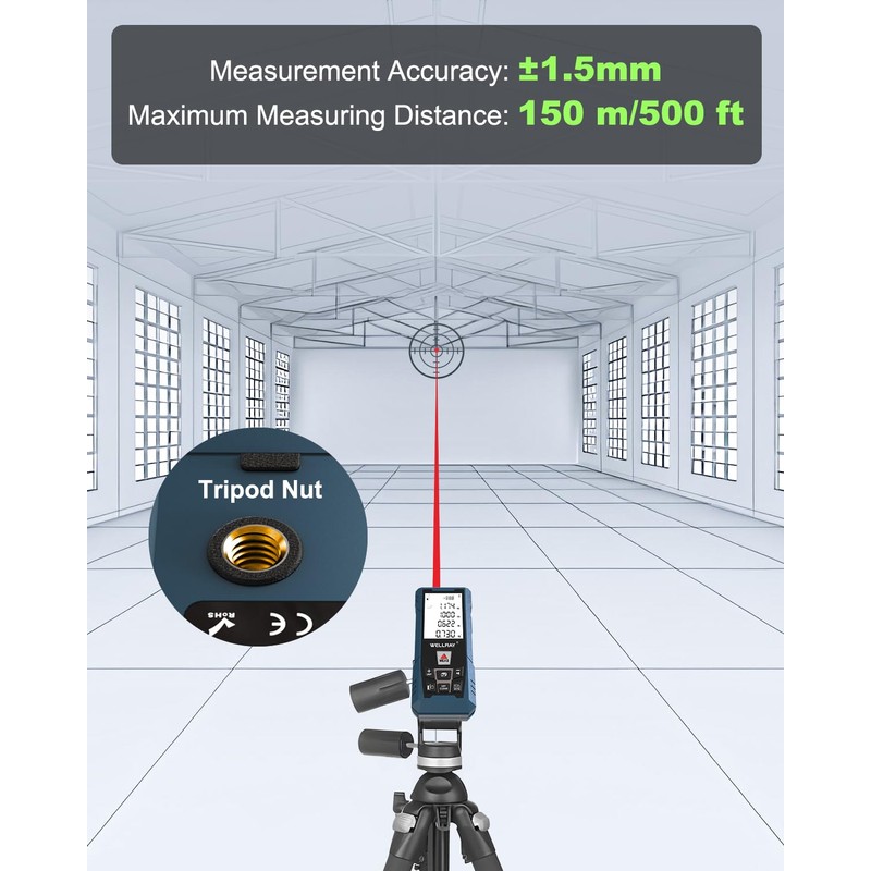 WELLRAY 500ft Laser Distance Meter Measurement Tool with Angle Sensor,LCD