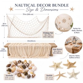 Irenare Nautical Party Decorations with Fishing Net Table Runner 155 Real Seashells 4 Natural Starfish Beach Ocean Theme Decor for Home Table Wall Fireplace Coastal Luau Party Supplies(Cheesecloth)