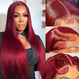 YFFSSJFC Burgundy Wig Human Hair 200 Density 13x6 HD Frontal Straight Wigs 99j Burgundy Lace Front Wigs Human Hair 34 Inch Glueless Dark Red Colored Wigs for Women Pre Plucked With Baby Hair