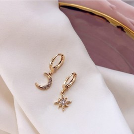 fdsmall Hoop Earrings Boho Minimalist 14K Gold Plated Post Lightweight Drop/Dangle Huggie Earrings for Star, Moon, Heart, Leaf Sparkle Cubic Zirconia Hoop Earrings for Women and Girls, Alloy Steel