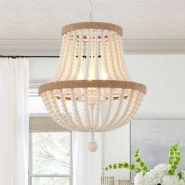 VANZARLA 3-Light Boho Chandelier Farmhouse, Wood Bead Pendant Light, Antique Rustic Hanging Light Fixture for Kitchen Island Hallway Entryway Bedroom Nursery Dining Room Foyer