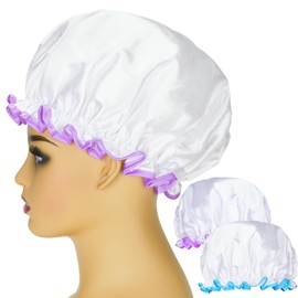 G2PLUS Waterproof Shower Cap, Pack of 2, Double Layer Shower Caps, 32 cm, Swimming Cap, Elastic Reusable Bath Hats for Salon, Spa, Hotel, White